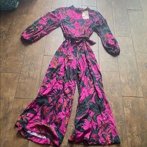Vibrant Pink Floral Jumpsuit. Farm Rio from Anthro. Size small.  NWT.